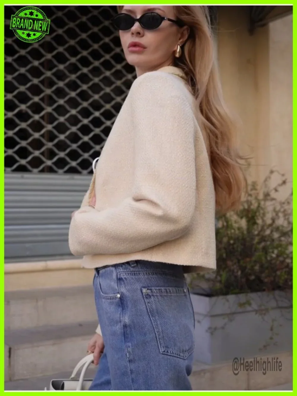 Cropped Tweed Jacket Blazer with Pockets Long Sleeve Open Front Notch Lapel